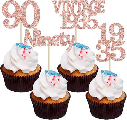 Gyufise 24Pcs 90th Birthday Cupcake Toppers Glitter Cheers to 90 Fabulous Ninety Vintage 1935 Cupcake Picks 90th Birthday Wedding Anniversary Party Cake Decorations Supplies Rose Gold