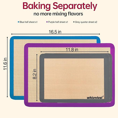 4 Pack Silicone Baking Mat, Non-Stick Silicone Baking Sheet, Food Safe Silicone Mats for Baking, 480℉ Heat Resistant, 2 Half & 2 Quarter (Purple, Blue, Grey)
