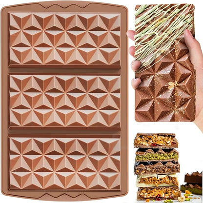 HKNMTT Chocolate Bar Mold Silicone, Large Stuffed Dubai Pistachio Deep Bar Moulds Kit 0.85 Inch Thick Big, Ideal for Homemade Making Candy Bar Bpa Free DIY Diamond Grid