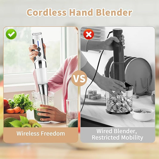 Cordless Immersion Blender: 4-in-1 Rechargeable Electric Hand Blender, 21-Speeds & 3-Angle Adjustable with 700ml Chopper, 700ml Beaker, Egg Whisk and Beater for Smoothies, Soup, Baby Food (White)