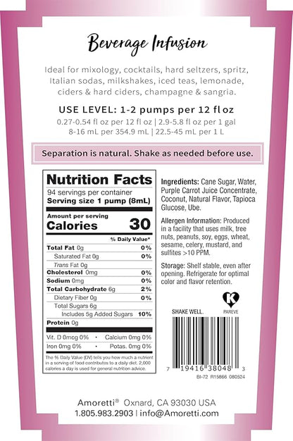 Amoretti - Coconut Ube Beverage Infusion, 94 Servings Per Bottle (750 ml) - Drink Mix & Water Enhancer with Pump for Flavoring Cocktails, Waters, Teas, and other Beverages, Preservative Free