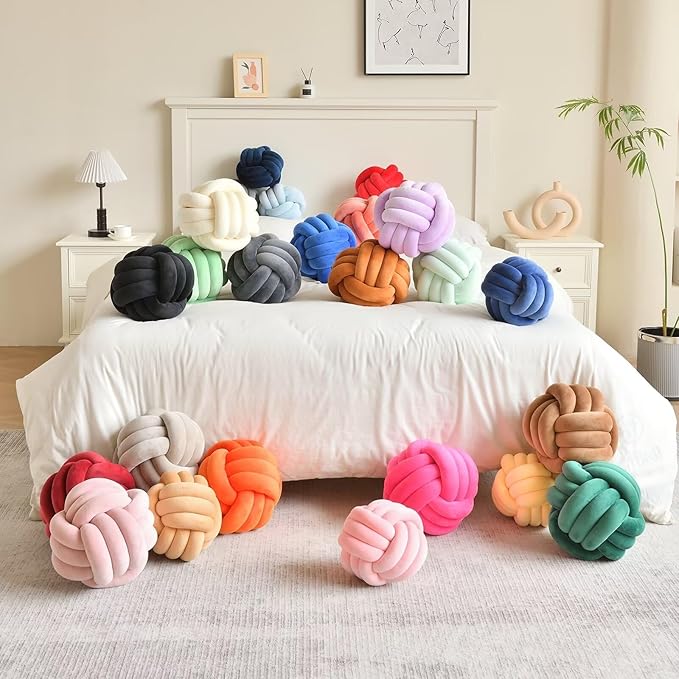 Decorative Throw Knot Pillow Ball for Home Chair Sofa Couch Bed Aesthetic Round Velvet Knotted Pillow Cushion (Orange, 11 inches)
