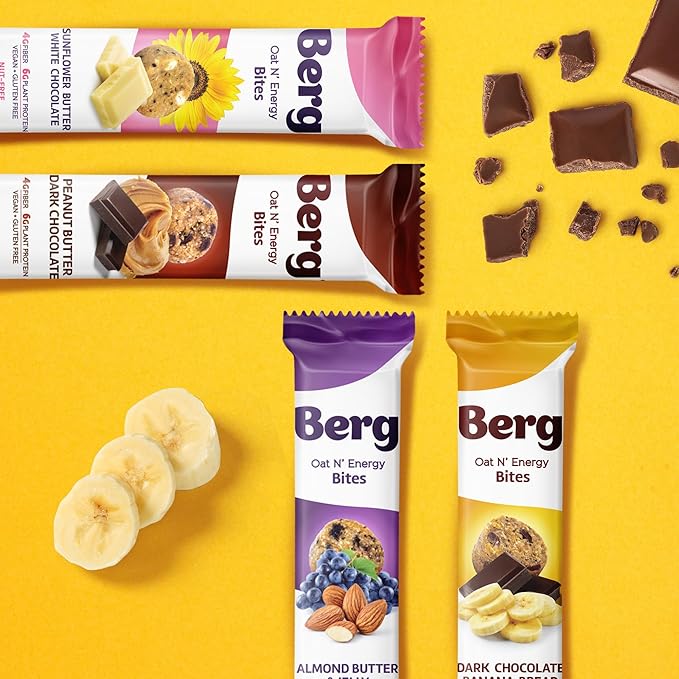 Berg Oat N' Energy Bites - Dark Chocolate Banana Bread - Non-GMO, Gluten Free, Dairy Free, Soy Free and Vegan - Clean Energy Snack - 1.5oz, (8 Pack)