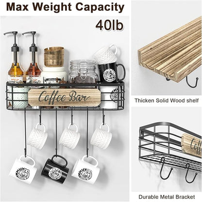 Floating Mug Racks 2 Pack - Wall Mounted Coffee Cup Holder with 12 Hooks, Mug Organizer for Kitchen, Farmhouse Coffee Bar Decor
