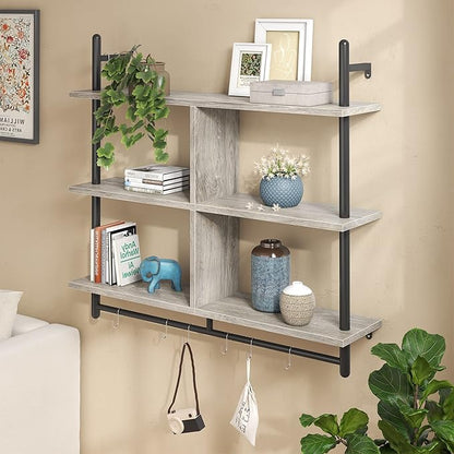 Bestier 41.5" Floating Pipe Shelving Kitchen Shelves Wall Mounted 3 Tier Ladder Shelf Hanging with Circular Tube Display Bookshelf Storage for Living Room Kitchen Balcony, Retro Grey