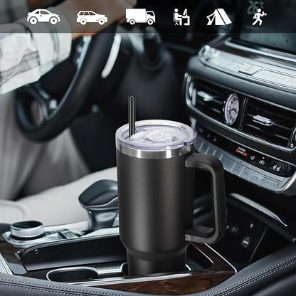 DOMICARE 40 oz Tumbler with Handle and Straw, Stainless Steel Tumbler with Lid and Straw, Reusable Vacuum Insulated Cup, Travel Coffee Mug, Black, 4Pack