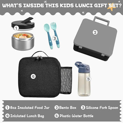 Kids Bento Lunch Box with 8oz Soup Thermo, Water Bottle, Kids Leakproof Lunch Food Containers with 4 Compartment, Insulated Hot Food Jar with Lunch Bag for School, Trvael (Black)