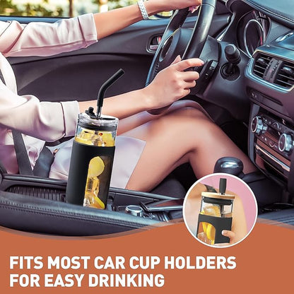 Kodrine 24oz Glass Tumbler with 2 Lids and Straws, Glass Cup With Bamboo Lid and On-the-go Lid, Reusable Iced Coffee Cup, Ideal for Smoothie, Cold Drinks, Fit Cup Holder, BPA Free (1, Black)
