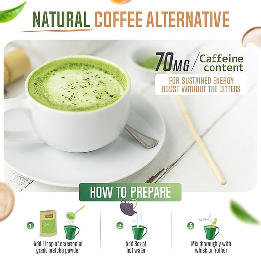 ReviTEAlize Organic Matcha Mushroom Powder - Organic Ceremonial Grade Blend - Coffee Alternative - Latte (30 Servings)