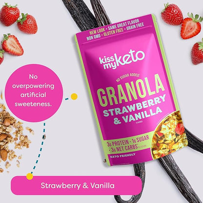Kiss My Keto Sugar Free Granola, Strawberry Vanilla 1-Pack – Curb Cravings with Few Net Carbs – Allulose Sweetened, Resealable & Gluten-Free Crunchy Clusters – Grain Free Granola Great With Yogurt or Milk