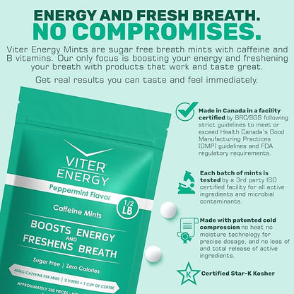 Viter Energy Caffeinated Mints 40mg Caffeine, B Vitamins, Sugar Free. (Peppermint, 8oz, Bulk Bag)