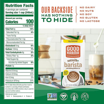 Good Karma Unsweetened Oatmilk + Barista Blend, 32 Ounce (Pack of 3), 800mg Omega -3s, Plant-Based Non-Dairy Milk Creamer Alternative with Oats, Flax and Peas, Lactose Free, Vegan, Shelf Stable