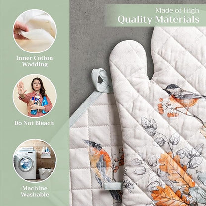 Maison d' Hermine 100% Cotton Oven Mitt & Pot Holder Set (7.5"x13" & 8"x8") Heat Resistant BBQ Cooking Gloves with Loop, Baking, Grilling, Kitchen, Handling Hot Pans (Whitish Shabby Chique)
