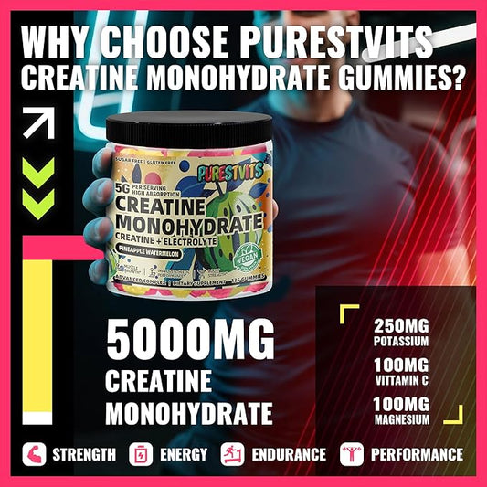 Creatine Monohydrate Gummies (5g) – Pre-Workout Energy & Muscle Growth Support for Men & Women | Pineapple Watermelon Electrolyte Gummies (135 Count)