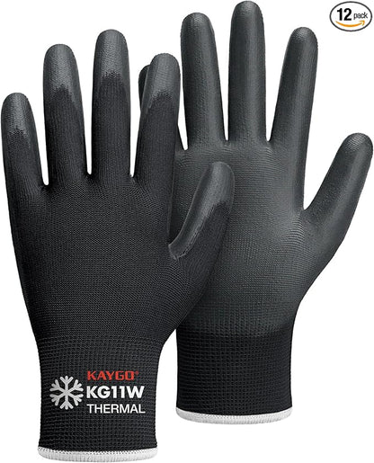 KAYGO Winter Work Gloves for Men and Women, 12 Pairs Thermal Insulated Safety Work Gloves PU Coated, Smooth Grip on Palm & Fingers,Ideal for Freezer Work,Black,XL