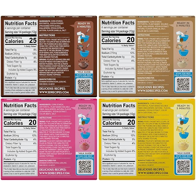 Simply Desserts Vanilla, Strawberry, Banana & Chocolate Instant Pudding, Sugar-Free, Variety 12-Pack – Gluten-Free Dessert, Keto Snacks, Diabetic Friendly & Kosher, 1.7 Oz Ea