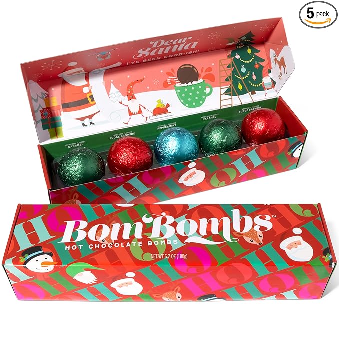 Bombombs Hot Chocolate Bombs, Christmas Theme Fudge Brownie, Salted Caramel and Peppermint Hot Cocoa Bombs Filled with Mini Marshmallows, Pack of 5
