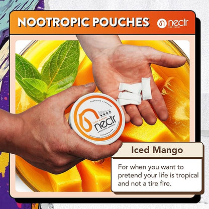 Nectr Energy Nootropic Pouches – Iced Mango Flavored, Caffeine Pouches with Cognizin® Citicoline. Sugar-Free Brain Treats. Smooth, Sustained Focus & Energy Supplement - 1 Puck of 16pcs