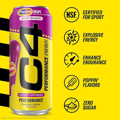 Cellucor C4 Energy Drink x Grape Popsicle, Carbonated Sugar Free Pre Workout Performance Drink with no Artificial Colors or Dyes, 16 Oz, Pack of 12