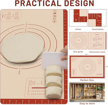 HOTEC Silicone Baking Mat - 26x16 Thickened Pastry Dough Mat with Measurement Non-Stick For Dough Rolling, Bread, Oven Liner, Kitchen Counter, Fondant/Pie Crust