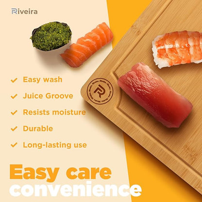 Riveira Cutting Boards For Kitchen – Gourmet Bamboo Grandeur: 12 x 10 Wood Cutting Board – Natural Bamboo Cutting Board – Innovative Juice Grooves Wooden Cutting Boards For Kitchen