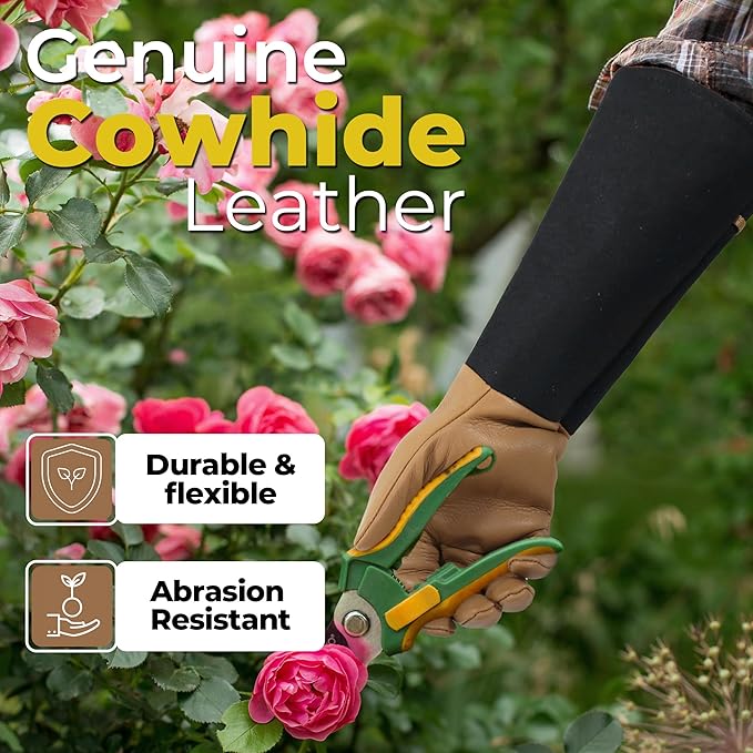 HANDLANDY Long Gardening Gloves for Men & Women, Cowhide Leather Rose Pruning Gloves, Breathable Thorn Proof Gauntlet Glove (Brown-Cowhide, M)