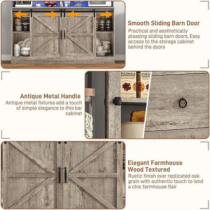 74" Tall 63" Wide Larg Bar Cabinet w/ Outlet,6000-color LED Light,Pegboard,Farmhouse Hutch Bar Cabinet w/Barn Door,2 Big Drawers,Adjustable Shelves,10 Wine & Glasses Rack,5 Hook for Kitchen,OAK