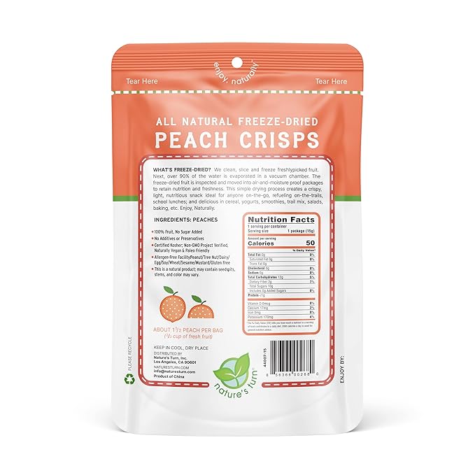 Nature’s Turn Freeze-Dried Peach Crisps – Healthy, Gluten-Free, Crispy & Delicious, Plant-Based Snack, Ideal for Cereal, Smoothies, School Lunches, & On-the-Go, Bags of 12 (0.53 oz Each)
