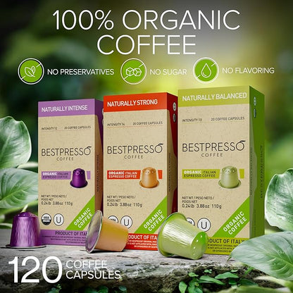 Organic USDA Bestpresso Coffee Aluminum Espresso Pods For Nespresso Original Machine 120 Pack (Variety Pack)