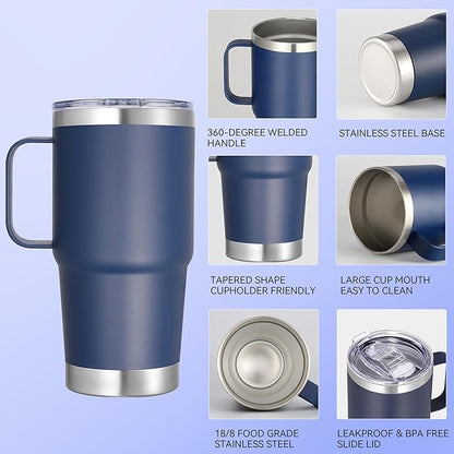 20 oz Stainless Steel Tumbler with Handle Bulk Metal Insulated Tumblers Travel Coffee Mug with Handle Double Wall Tumbler Cup with Lid and Straw, Navy 12 Pack