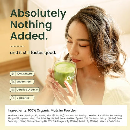 Crafti - Ceremonial Grade Organic Matcha Powder | 100 Servings (100g / 3.5oz) | Sugar-Free Kyoto Uji Matcha | Daily Matcha Green Tea for Calm Focus, Jitter-Free Energy and Barista-Grade Lattes