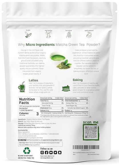 Micro Ingredients Organic Matcha Green Tea Powder, First Harvest, Culinary Grade from Japan, 100% Pure & Unflavored, Great for Tea, Latte, & Smoothies, Non-GMO, No Sugar, Eco-Friendly Packaging, 1 Lb