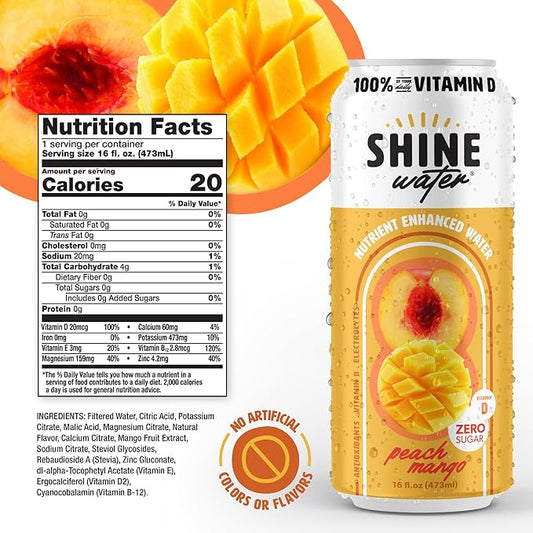 ShineWater Peach Mango Vitamin D Electrolyte Drink | Zero Sugar Hydration Beverage with Magnesium, Zinc & Antioxidants | Low Calorie Plant-Based Vitamin Water | 12 Pack
