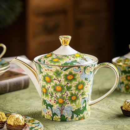 ACMLIFE Tea Set for Adults- Fine China Tea Set for 6, 21-Piece Vintage Coffee Set English Porcelain Tea Pot Sets for Adult Tea Party for Women Gift (Fruits Green, Extra Large 21)