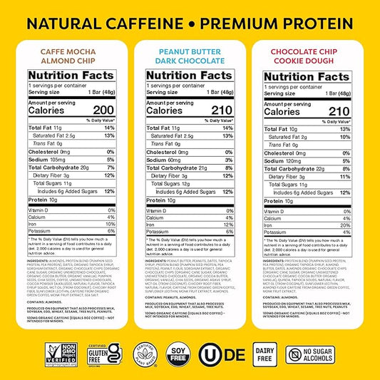 Quantum Energy Square - Peanut Butter Dark Chocolate, Chocolate Chip Cookie Dough, Caffe Mocha Almond Chip - Variety 12-Pack - 4 Bars Each