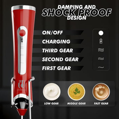 Rechargeable Handheld Milk Frother - Electric Foam Maker - Portable Coffee Frother Wand with 2 Heads - Stainless Steel Electric Whisk for Coffee, Latte, Cappuccino, Macchiato, Hot Chocolate (Red)