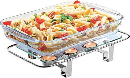 NewlineNY Chrome Plated Glass Dish Warmer, Rectangular Glass-Top 3 Holes Tea Light Votive Candle Gourmet Food Warmer