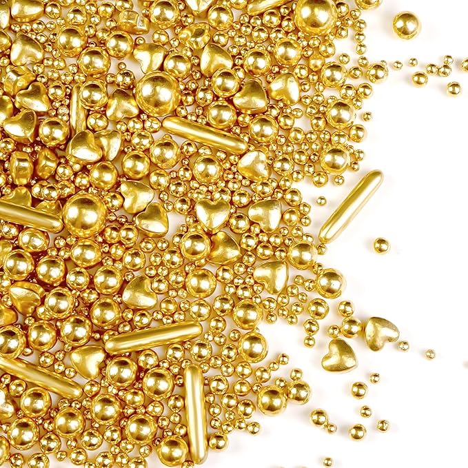Gold Pearl Heart Sprinkles, Pearls Sprinkles For Cake Decorating, 150g/5.29oz Mix Size Sugar, Donuts, Cakes, Ice Cream, Mother's Day, Valentine's Day, Wedding Party, Christmas Supplies