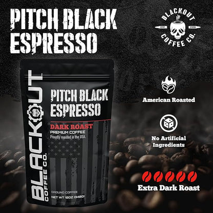 Blackout Coffee Pitch Black Espresso Ground Coffee – Extra Dark Roast, European-Style, Bold & Aromatic – Freshly Roasted 12oz Bag, American Made