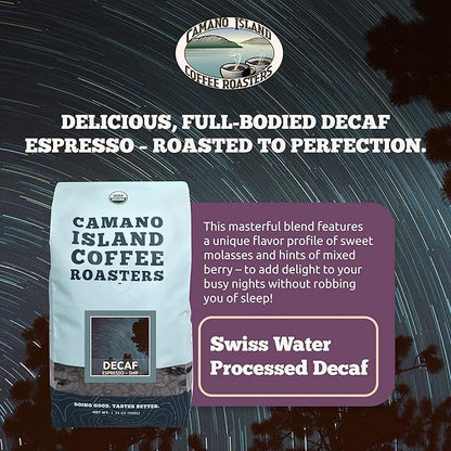 Camano Island Coffee Roasters Decaf Espresso Blend, Whole Bean 2lb, Fresh Dark Roast Swiss Water Processed, USDA Organic, Fairly Traded, Shade Grown Top 1% Arabica, Sweet Molasses, Mixed Berry Flavor