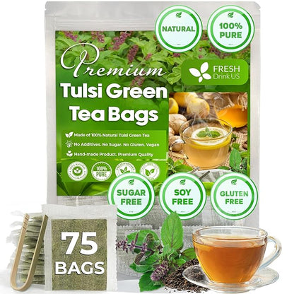 FreshDrinkUS, Premium 75 Tulsi Green Tea Bags, 100% Natural, Blend of Tulsi Holy Basil Leaves, and Green Tea Leaves. Made with Natural Material Tea Bags. No Sugar, Vegan.