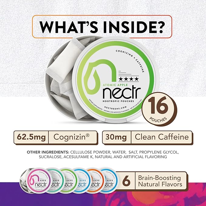 Nectr Energy Nootropic Pouches – Fresh Mint Flavored, Caffeine Pouches with Cognizin® Citicoline. Nicotine-Free Sugar-Free Brain Treats. Smooth, Sustained Focus & Energy Supplement - 1 Puck of 16pcs