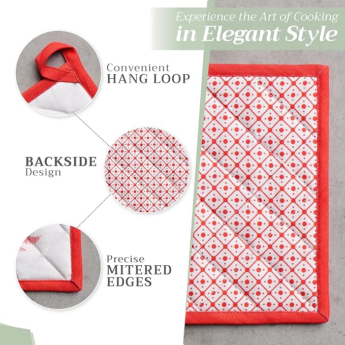 Maison d' Hermine 100% Cotton Oven Mitt & Pot Holder Set (7.5"x13" & 8"x8") Heat Resistant BBQ Cooking Gloves with Loop, Baking, Grilling, Kitchen, Handling Hot Pans (Winter Jouy)