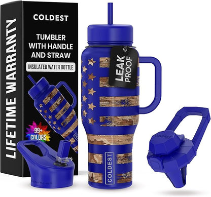 Coldest 40 oz Tumbler with Handle and Straw - 100% Leak Proof Insulated Tumbler with Lid and Straw (3 Lids) - Stainless Steel Tumblers for Women & Men - Cup Holder Friendly Base, 36 oz (The Democrat)