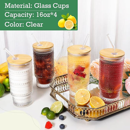 16 Oz Glass Cups with Lids and Straws, Vintage Embossed Glassware for Whiskey Cocktail Beer, Iced Coffee Cup with Lid, Glass Tumbler (4 PACK)