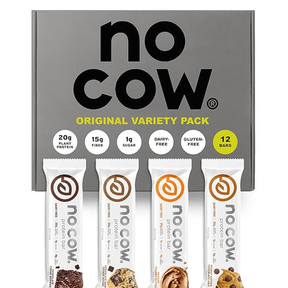 No Cow High Protein Bars, Original Variety Pack - Healthy Snacks, 20g Vegan Protein, High Fiber, Low Sugar, Keto Friendly, Dairy & Gluten Free (12 Count)