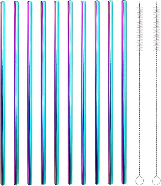 10 Pcs Stainless Steel Straws, Reusable Drinking Straws, Straight Metal Straw Sets with 2 Pcs Cleaning Brushes (10.5 Inch, Colorful)