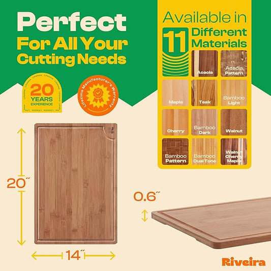 Riveira Brown Bamboo Wood Cutting Board – Gourmet Bamboo Grandeur: 20 x 14 Wooden Cutting Board – Wooden Cutting Boards For Kitchen Decorative – Innovative Juice Grooves Wooden Chopping Board