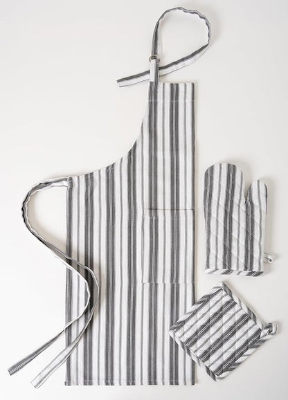1 Oven Mitt, 1 PotHolder & 1 Kitchen Apron Set - Durable Heat Resistant Gloves - Thick Mittens for Kitchen - Suitable for Cooking, Baking, Grilling – Men & Women – Dark Grey Stripes - Casa De Lan