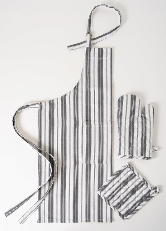 1 Oven Mitt, 1 PotHolder & 1 Kitchen Apron Set - Durable Heat Resistant Gloves - Thick Mittens for Kitchen - Suitable for Cooking, Baking, Grilling – Men & Women – Dark Grey Stripes - Casa De Lan